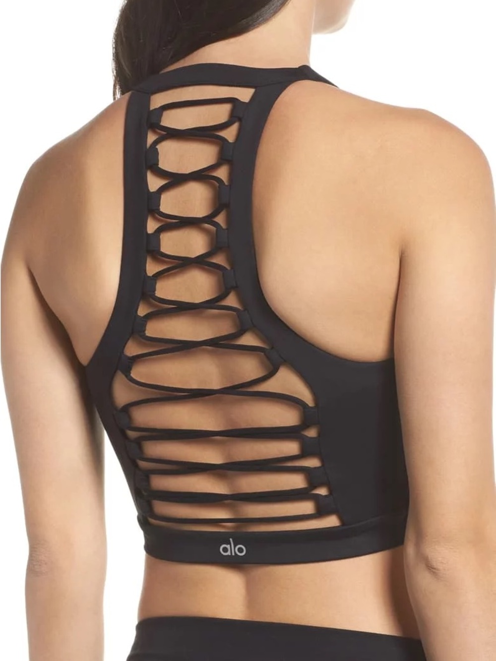 Alo Yoga Black High Neck Lace-Up Back Sports Bra Athleisure Crop Top Size Medium - Picture 9 of 9